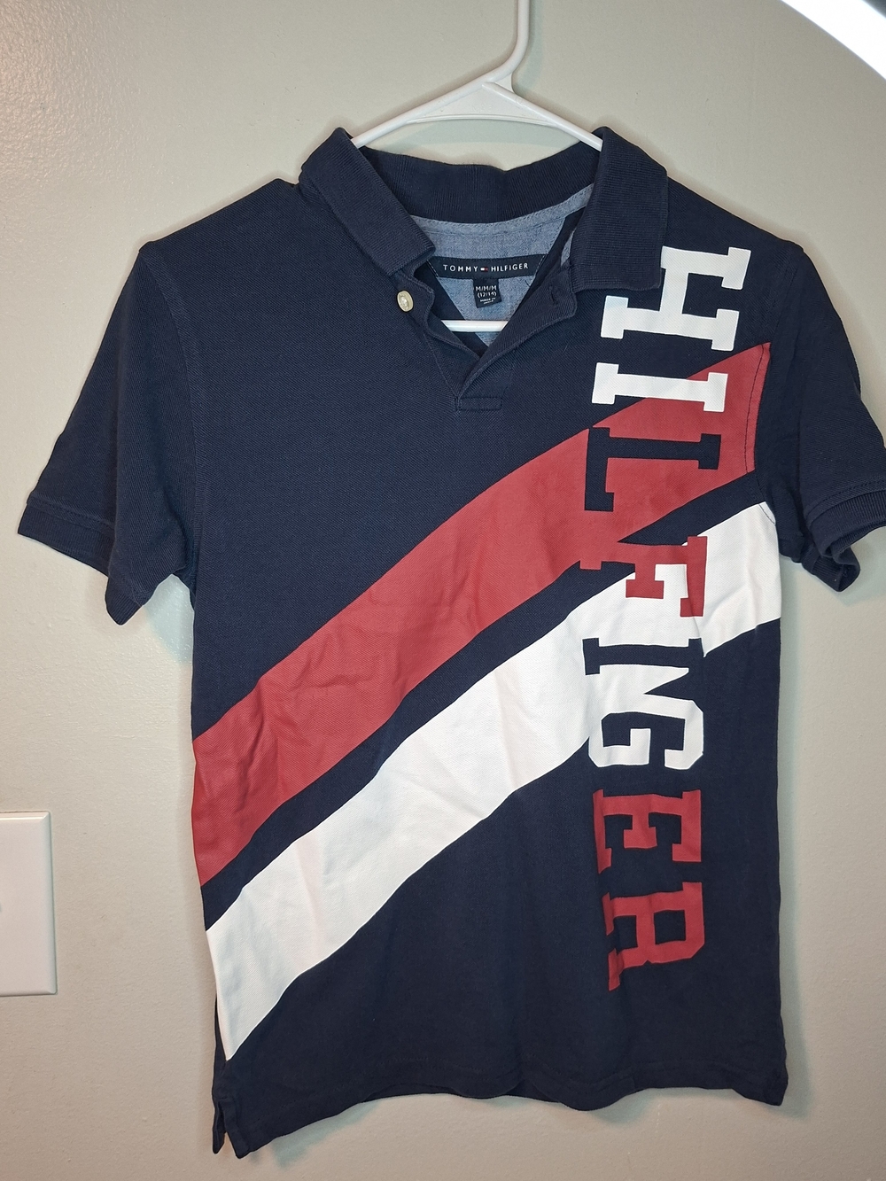 Tommy Hilfiger Navy Polo with Red & White Diagonal Stripes